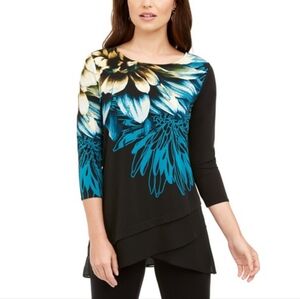 Alfani Black Floral Layered Crossover Hem Tunic Top